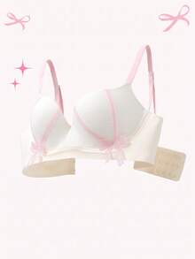 Lace Push-Up Bra Colorblock Women's Backless Seamless Wire-Free Bra Lifting Support Thick Cup Bowknot Bra Lingerie Sweet Style For Small Chest[Flat Chest Special] - White - View 7