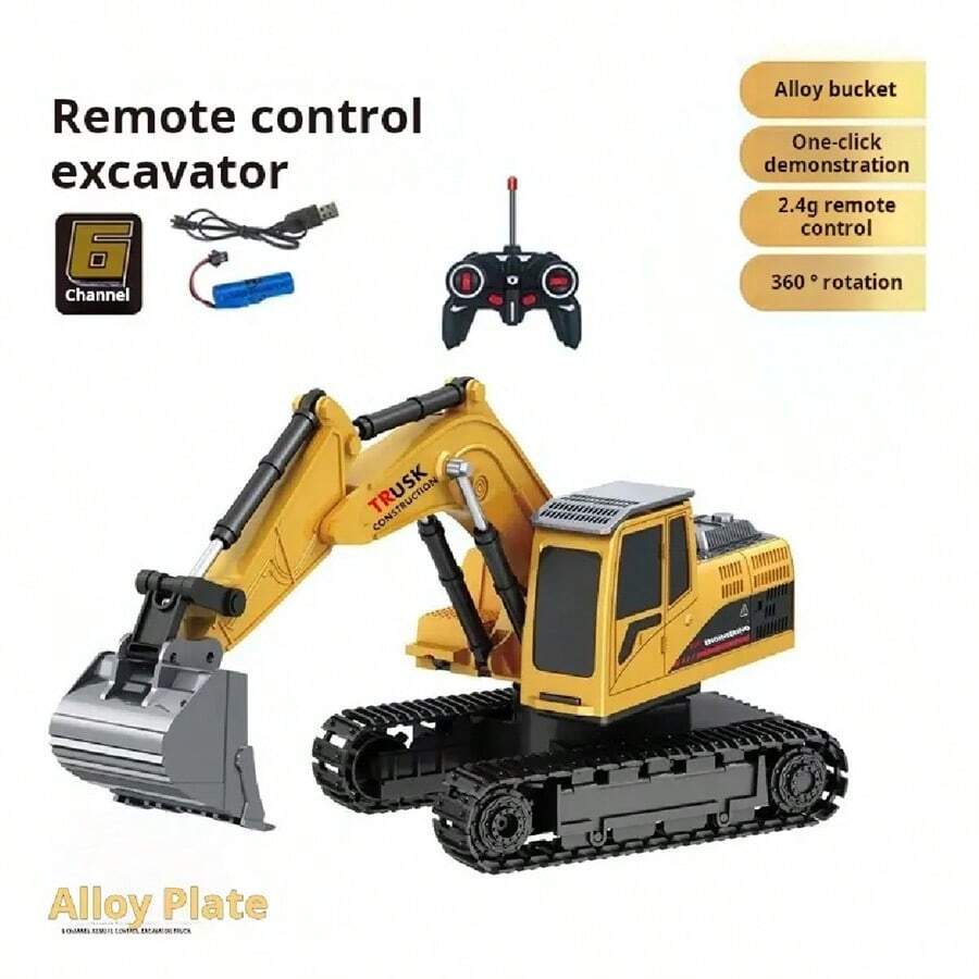 Modelos de vehículos de obras a control remoto inalámbrico, coches de juguete con luces LED, excavadora a control remoto con pala de aleación, 6 canales, control 2.4G, rotación 360°, juguete de construcción para niños, regalo de Navidad - Amarillo y negro - Ver 1