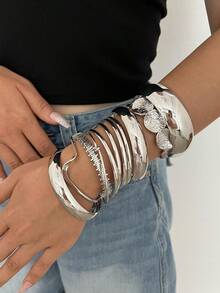11/6/5/1pc Set Vintage Fashion Glamorous Wavy Knot Round Patchwork Silver Bracelet Suitable For Women's Daily, Party And Vacation Wear, Gift - Silver - View 4