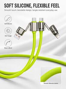 4-In-1 Multi-Function Charging Cable, USB-A/USB-C Input To USB-C/Lightning Output, Up To 240W USB-C To USB-C Fast Charging, Soft Silicone Charging Cable With Metal Connectors, Suitable For Phones, Tablets And Laptops - Green - View 4