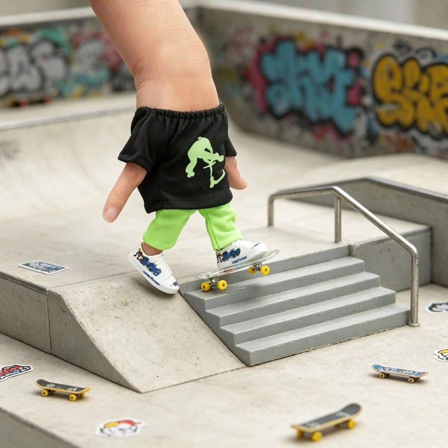 Mini Finger Skateboard Set With Skateboard Clothes And Shoes, Transparent Finger Skateboard, Creative New Mini Skateboard, Mini Finger Shoes And Pants, Random Skateboard Style - Multicolor - View 1