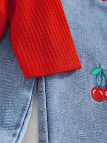 Girls Red Waffle Knit Flutter Sleeve Long Sleeve Top & Cherry Embroidered Frayed Hem Straight Leg Denim Jeans 2 Pieces Set, Sweet Style Spring/Autumn - Red - View 5