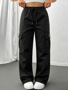 AIbart Women's Casual Low-Stretch Cargo Pants, European And American Style, Multi-Pocket Outdoor Straight-Leg Pants Black - Black - View 7