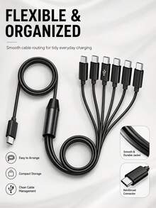 1-To-6 USB-C Multi-Device Charging Cable, 6-Head Splitter Cord With 1 Data Sync Connector And 5 Charging Connectors, Black - Black - View 3
