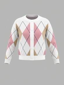 Cardigan Wanita Motif Berlian dengan Kancing Depan, Lengan Panjang, Panjang Standar, Atasan Rajut Elastis Sedang, Cocok untuk Dipakai di Musim Gugur/Musim Dingin - MultiWarna - View 10