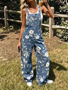 Women's Denim Effect Sleeveless Long Overalls, Casual Versatile, Non-Stretch, With Button Details - Medium Wash - View 2