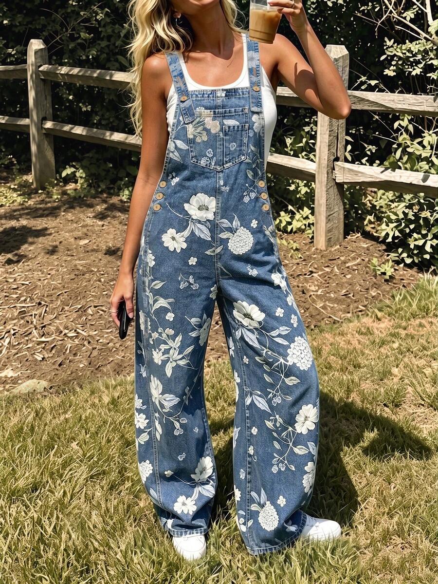 Women's Denim Effect Sleeveless Long Overalls, Casual Versatile, Non-Stretch, With Button Details - Medium Wash - View 1
