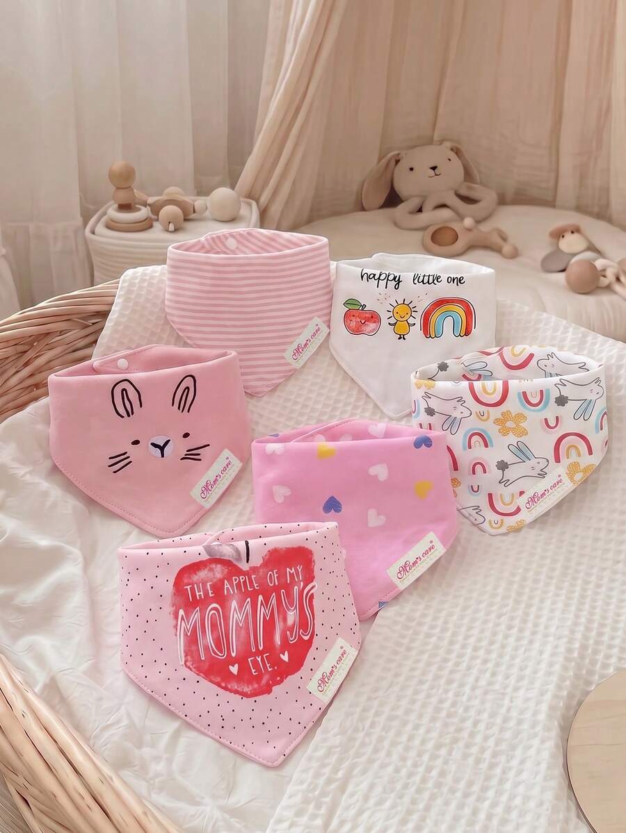 momscare 6pcs Baby Bibs, Soft Absorbent Baby Bibs, Suitable For Daily Use - Cute Design Exquisite Embroidered Baby Triangle Bibs Cute Rabbit Print Bibs - Multicolor - View 1