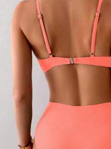Summer Solid Color Elegant Bohemian Sweet Style Two Pieces Bikini Swimsuit Beach Vacation Set - Light Orange - View 6