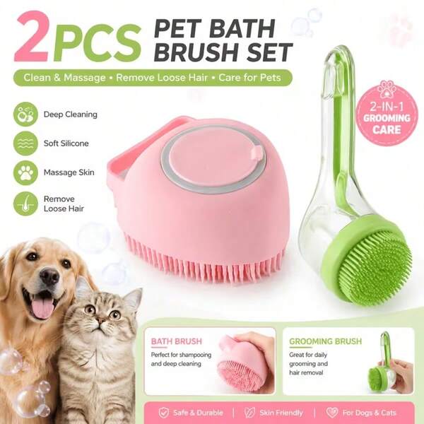 2 Peças Conjunto de Escova de Banho para Animais de Estimação, Escova de Shampoo de Silicone para Cachorro e Pente de Tosa, Escova de Massagem Macia para Gatos e Cachorros, Acessórios de Limpeza e Cuidados com Pelos de Animais de Estimação