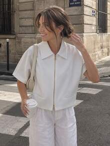 Women's Short Zip-Up Jacket Hoodie, Yellow Short Sleeve, Spring/Summer/Autumn White - White - View 2