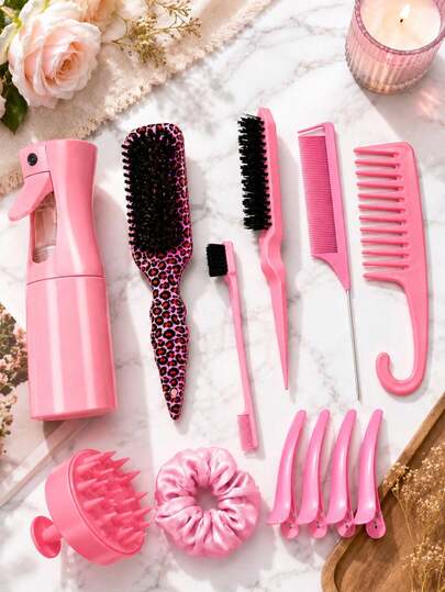 12/5/4/3pcs Pink Hair Styling Tool Set, Includes 200ml Continuous Fine Mist Spray Bottle, Leopard Print Cushion Brush, Scalp Massage Brush, Edge Comb, Tail Comb, Wide Tooth Comb, Hair Clips And Hair Ties, Suitable For Detangling, Untangling, Sectioning, Styling And Scalp Care, Essential For Women's Daily Home Use, Hair Salon, Travel And Back To School