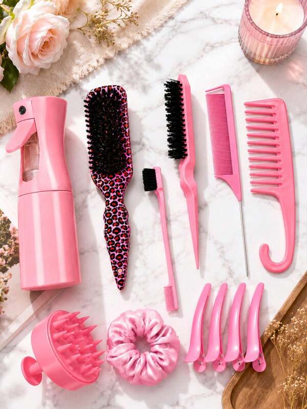 12/5/4/3pcs Pink Hair Styling Tool Set, Includes 200ml Continuous Fine Mist Spray Bottle, Leopard Print Cushion Brush, Scalp Massage Brush, Edge Comb, Tail Comb, Wide Tooth Comb, Hair Clips And Hair Ties, Suitable For Detangling, Untangling, Sectioning, Styling And Scalp Care, Essential For Women's Daily Home Use, Hair Salon, Travel And Back To School
