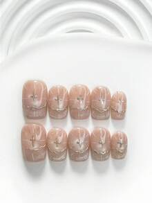 10片韓系極簡風手工穿戴甲，Polygel美甲套組，亮片手繪線條，金白色，酷女孩風，附美甲工具，3種尺寸可選，方型/短方型/杏仁形，適合派對、跳舞、日常配戴 - 彩色 - 查看 12