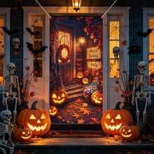 1 pieza Pancarta de puerta de Halloween oscura, calabaza multicolor, esqueleto, bruja, calavera, pared agrietada de terror, tela para cubrir la puerta, decoración espeluznante para el porche delantero y la puerta principal del hogar, decoración para fiesta de Halloween, casa embrujada, entrada del jardín, fondo de cabina de fotos, Navidad, Halloween - Fondo de Halloween - Ver 8