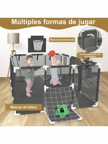Corral de Juego Modular con Aro de Basquetbol, Espacio Amplio para Pelotas, Cerco de Actividades para Niños, Uso Interior y Exterior - Gris Oscuro - Ver 3