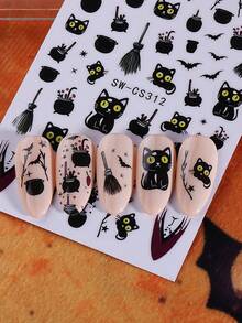 2 Sheets 3D Witchcraft Style Halloween Nail Stickers, Self-Adhesive Cat Witch Broom Hat Small Bat And Star Nail Decals, Spooky Cute Gothic Style Holiday Nail Art Supplies - Black - View 4