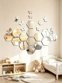 24Pc Silver Hexagon & Butterfly Combination Mirror Wall Stickers, Set Includes 14 Butterflies + 10 Hexagons, Acrylic Mirror Wall Decals For Home Decor - Silver - View 5