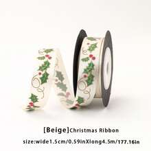 1.5cm Beige Winter Berry Christmas Satin Ribbon, 5 Yards/Roll Green Leaf & Red Berry Gold Foil Print, Suitable For Holiday Gift Box Packaging, Ribbon DIY Handmade Bows, Christmas Tree Decoration Webbing - Beige - View 7