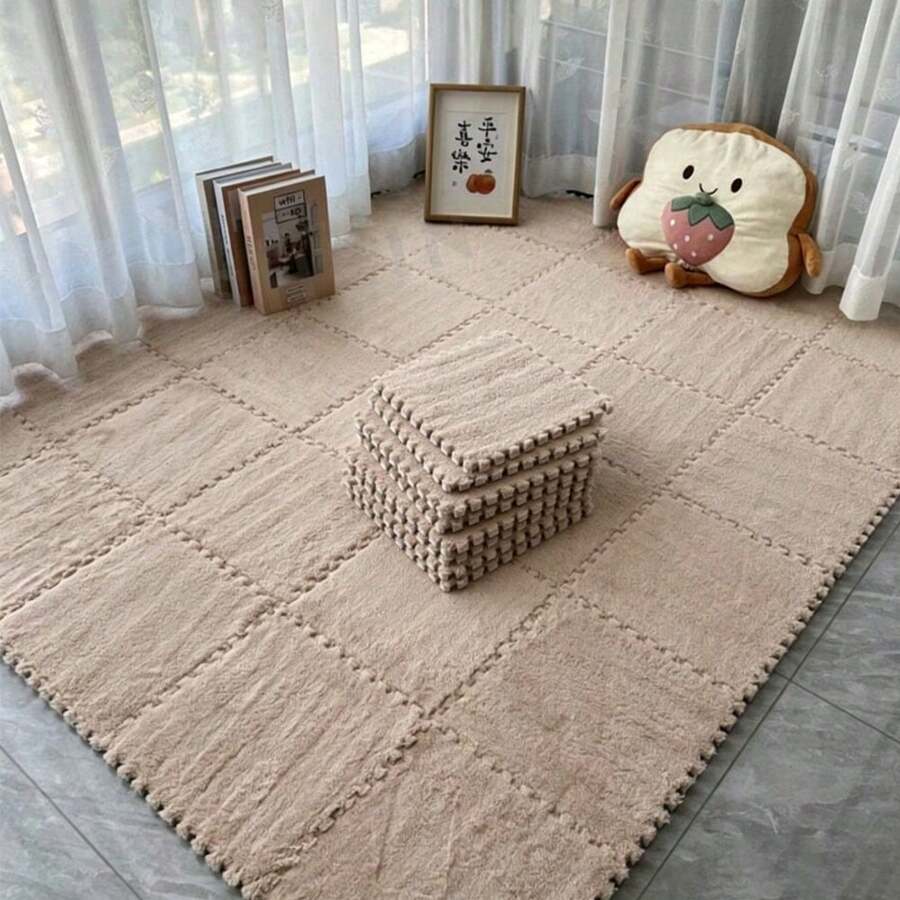 16/10pcs Solid Color Patchwork Floor Mat, Decorative Bedroom Puzzle Carpet, Thickened Foam Floor Pad, Plush Cute Bedside Rug, Soft And Easy To Clean, Interlocking Floor Protection Plush Sound-Insulating Thermal Mat, DIY Decoration