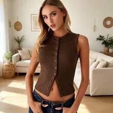 Summer New Knitted Simple Slim Sleeveless Solid Color Undershirt Undershirt Women - 咖啡色 - 查看 1