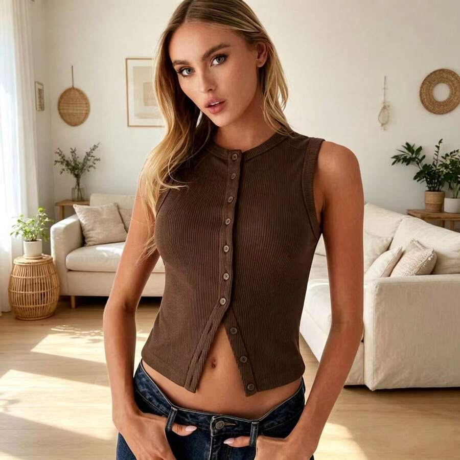 Summer New Knitted Simple Slim Sleeveless Solid Color Undershirt Undershirt Women - 咖啡色 - 查看 1