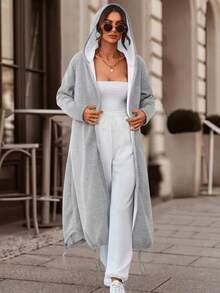 Plus Size Women's Ribbed Knit Hooded Long Jacket With Zipper And Pockets, Casual Drop Shoulder Design, Plus Size Outerwear, Suitable For Autumn/Winter Wear - Grey - View 5
