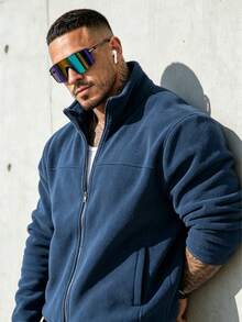Men's Polar Fleece Casual Solid Color Long Sleeve Jacket, Versatile For Autumn/Winter - Navy Blue - View 3