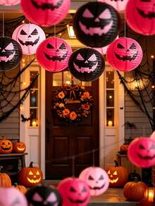 9/6/3pcs Halloween Paper Pumpkin Lanterns, Pink And Black Pumpkin Pattern, Suitable For Halloween Yard Decoration, Party Decoration, Event Setup, Home Decor, Halloween Photography Background, Creating Halloween Atmosphere - One Size Fits All - View 1