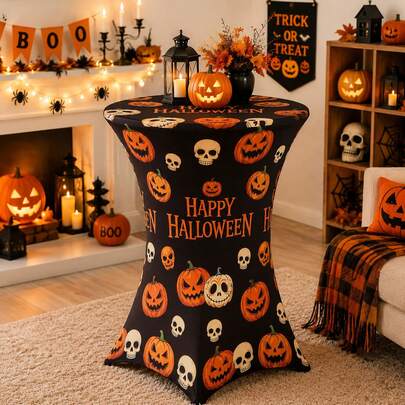 1pc/4pcs/8pcs Black Background Happy Halloween Pumpkin & Skull Print Cocktail Table Cover, Festive Spooky Stretchy Elastic Fabric Round High‑Top Fitted Tablecloth For Halloween Party, Indoor Fall Holiday Decor