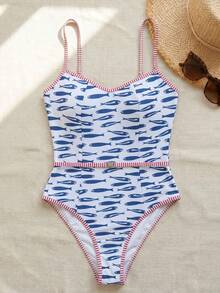 HOTTIE HABIT Women's Elegant Fish Pattern High Elasticity One-Piece Swimsuit, Casual Sleeveless Backless Swimwear, Suitable For Summer Beach Wear - Multicolor - View 6
