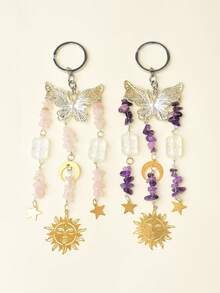 天然水晶碎石蝴蝶日月星流蘇鑰匙圈，波希米亞風療癒水晶風鈴掛飾，居家裝飾禮物 - 蝴蝶鑰匙圈 - 查看 2