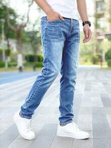 Jeans clásicos azules elásticos para hombres - azul real - Ver 3