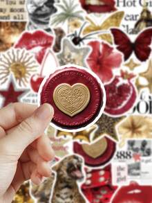 50pcs Gold & Red Cartoon Doodle Stickers, Suitable For Planner, Phone Case, Laptop, Computer, Luggage, Refrigerator Decoration - Gold & Red - View 6