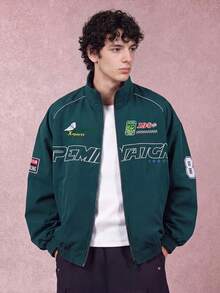 MAISONFOX Áo khoác nam casual in chữ tay dài, áo khoác đua xe phong cách streetwear xuân/thu, áo khoác mô tô phi công thiết kế tay dài - Xám - Xem 6