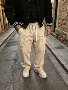 Plus Size Men's Corduroy Pants, Elastic Drawstring Waist Loose Wide Leg Cargo Pants, Casual Street Style Loose Long Pants - Apricot - View 3