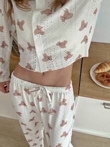 2pcs/Set Women's Bear Print Round Neck Long Sleeve Top + Elastic Waist Long Pants Pajama Set - White - View 8