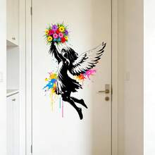 4/2/1 Sets Street Art Style Wall Sticker, Angel Girl With Colorful Flower Splash Ink Pattern Multicolor Removable Vinyl Wall Decal, Art Lovers Bedroom Salon Door Decor Popular Aesthetic Home Decorations - Flower Bouquet Angel - View 2