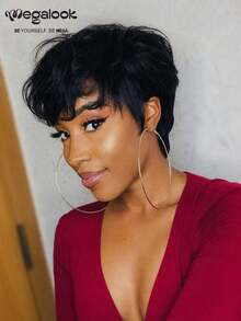 MEGALOOK 6 Inch Silky Straight Short Wig With Bangs Natural Color 100% Human Hair Wigs Machine-Made Short Curly Wig Glueless Virgin Human Hair Curly Wig Bangs Wig Natural Looking - SNatural - View 2