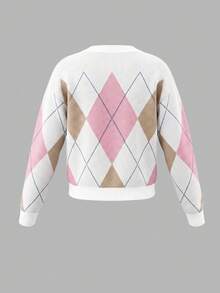 Cardigan Wanita Motif Berlian dengan Kancing Depan, Lengan Panjang, Panjang Standar, Atasan Rajut Elastis Sedang, Cocok untuk Dipakai di Musim Gugur/Musim Dingin - MultiWarna - View 11