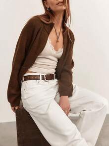 Women's Autumn/Winter Elegant Casual Knit Cardigan, Solid Color Two-Way Zipper Pocket Sweater Jacket, Old Money Style, Daily Commute And Outing Outfit - Coffee Brown - View 9