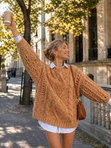 Joy Knit 女士秋冬新款百搭上衣 - 简约休闲风 - 复古圆领粗针织套头衫 - 适合办公室、外出、派对、万圣节、新年等场合 - 卡其色 - 查看 2