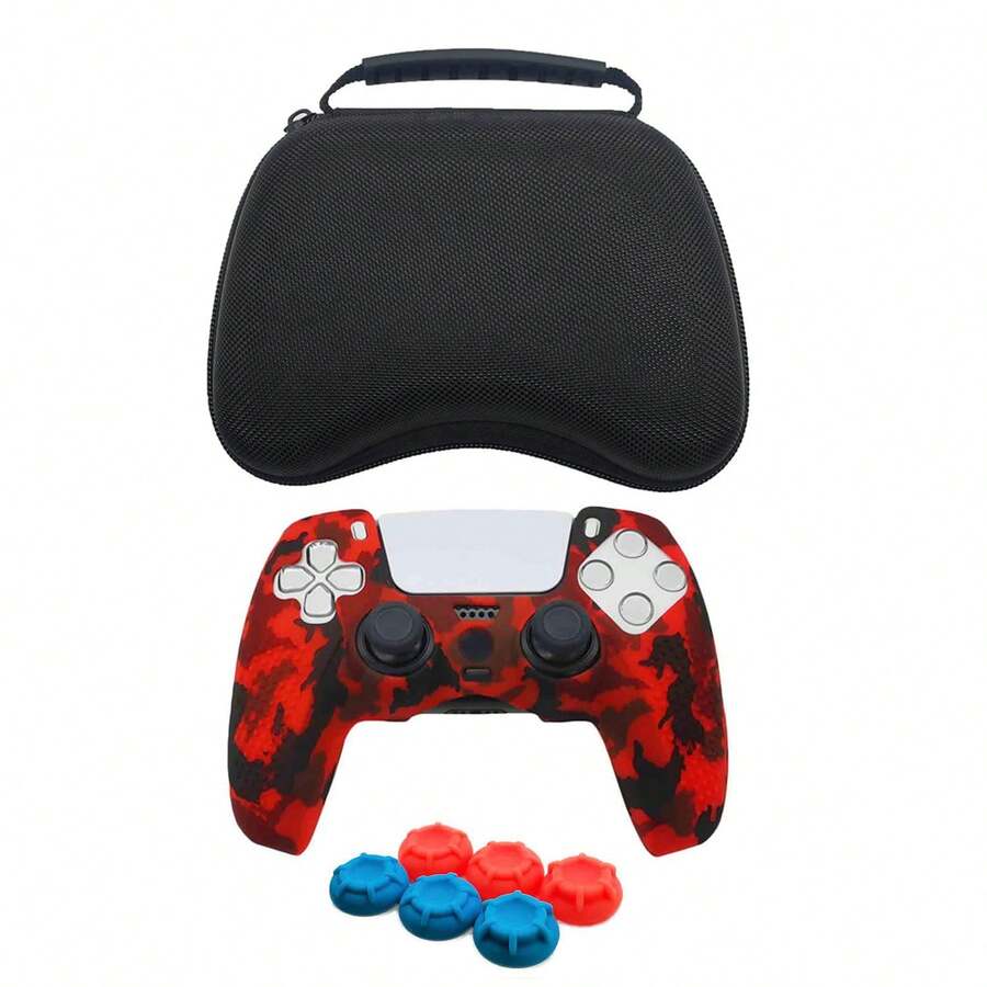 Compatible With PlayStation 5, Water Transfer Printing Design Controller Protective Case, Joystick Caps, Storage Bag Set Available, Anti-Slip Anti-Scratch Anti-Sweat Enhanced Gaming Control Feel, Large Opening Design At The Bottom - Water Transfer Red - View 1
