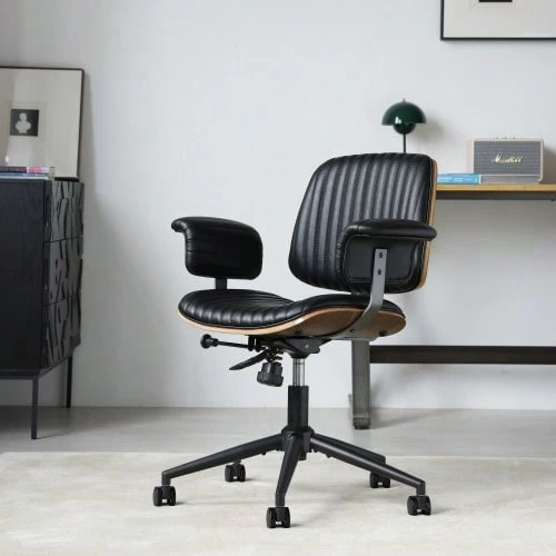 Home Office Desk Chair, Leather Ergonomic Computer Chair With Wheels And Oak Armrests - Black - View 1
