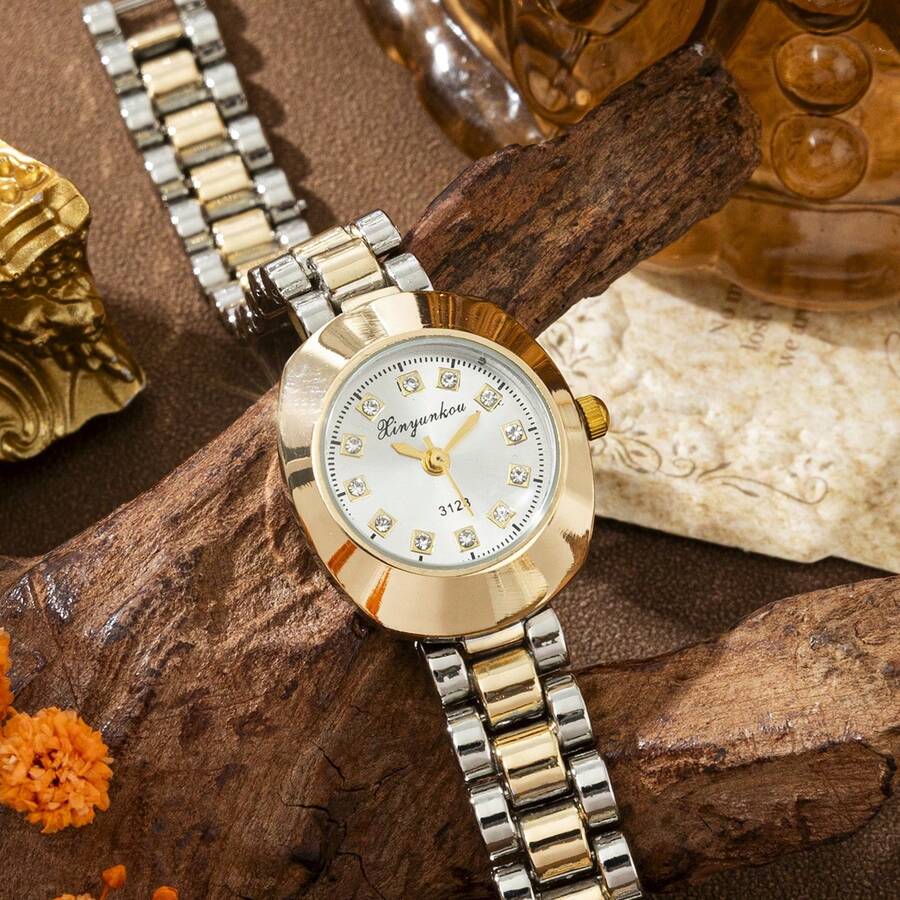xinyunkou French Luxury Round Dial Rhinestone Quartz Watch For Women, Vintage Two-Tone Thin Steel Band, Elegant Commuter Wristwatch - Gold - View 1