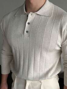 Men Knit Polo Sweater Lapel Button Long Sleeve Top, Minimal Smart Casual Shirt For Men Office Daily Commuter Outfit - Light Grey - View 8