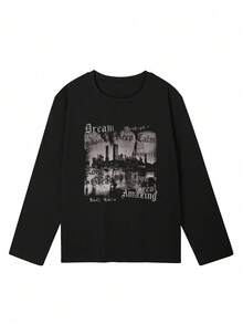 Women's Spring/Autumn Loose Fit Versatile Round Neck Fashion Casual Cartoon Print Long Sleeve T-Shirt Vacation - Black - View 4