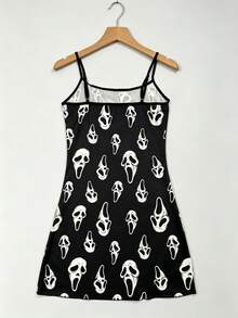 2pcs Women's Halloween Costume, Gothic Dark Style "Scream" Mask Print Nightgown, Summer Sexy Spaghetti Strap Loungewear - Multicolor - View 2