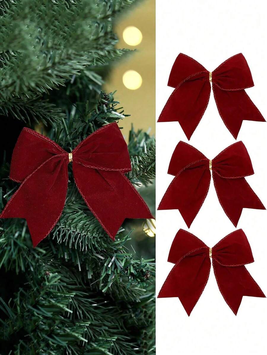 Burgundy Christmas Velvet Bow 6 Inch Rustic Style Wreath Gift Bow Vintage Christmas Velvet Ribbon Bow Holiday Decoration For Christmas Tree Wreath DIY Craft Packaging Decor - Multicolor - View 1