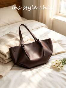 Solid Color Magnetic Closure Large Capacity Tote Bag, Portable Handheld Shoulder Tote Bag, Suitable For Students, Young Professionals For Daily Commute, Outings, Dates And Short Trips - Coffee - View 5